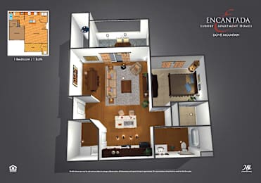A floor plan of a one bedroom/one bath apartment at Encantada Luxury Apartment Homes in Dove Mountain.