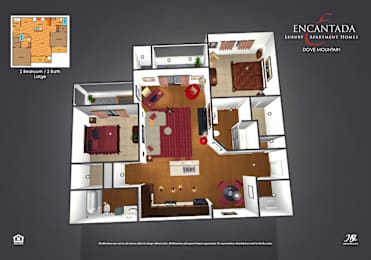 A floor plan of a two bedroom, two bathroom apartment.