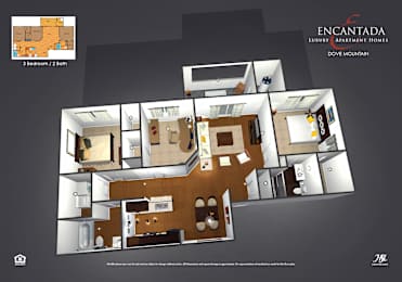 A floor plan of a 3 bedroom, 2 bathroom apartment.