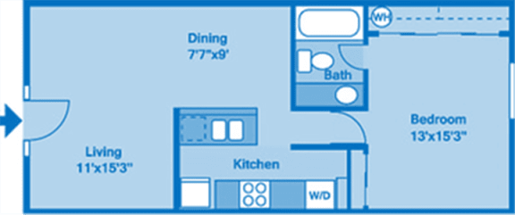 A floorplan showing one bedroom and one bath.