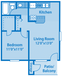 Canyon Creek 1C Floor Plan image depicting layout. Bedroom, closet and bathroom on the left. Patio, living room and kitchen on the right.