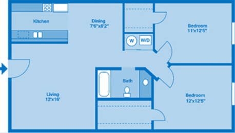 A floorplan showing two bedrooms and one bath.