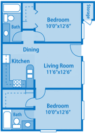 Canyon Creek 2A Floor Plan image depicting layout. Bathroom, kitchen and 2nd bath on the left. Both bedrooms and living room on the right.