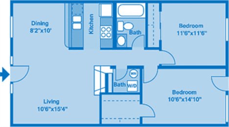 A floorplan showing two bedrooms and two bathrooms.