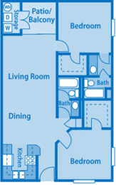 Canyon Creek 2B Floor Plan image depicting layout. Kitchen, dining, living room and patio/balcony on the left. Bedrooms, and bathrooms on the right.