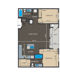 a floor plan of a residence with a bedroom and a living room