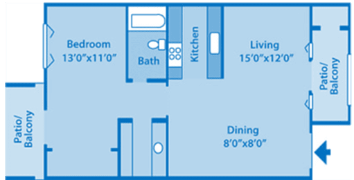 Canyon Oaks Model D floor plan layout. Patio, bedroom and bath on the left. Kitchen, dining and living room on the right.