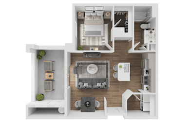 A 3D floor plan of a small apartment with a living room, kitchen, and bathroom.