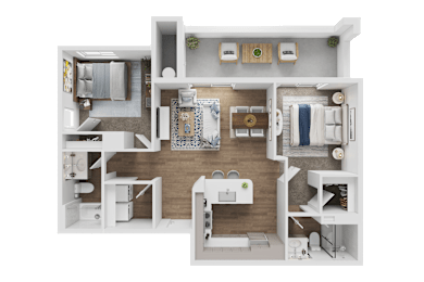 A detailed 3D floor plan of a small apartment layout.