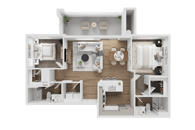 A top-down view of a house layout with a kitchen, living room, dining area, and bedrooms.