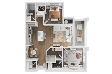 A detailed 3D floor plan of a house layout.