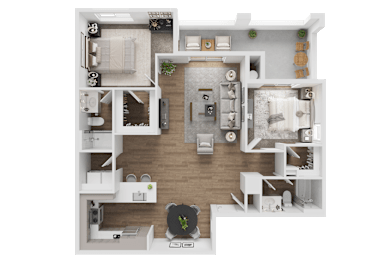A detailed 3D floor plan of a modern apartment layout.