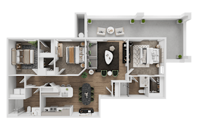 A 3D floor plan of a house with labeled rooms.