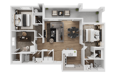 A 3D floor plan of a house showing a kitchen, living room, and bathroom.