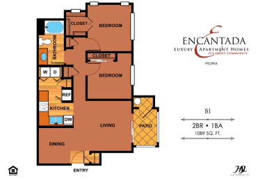 Encantada Peoria B1 floor plan of a 2 bedroom unit with a single bathroom and a living room
