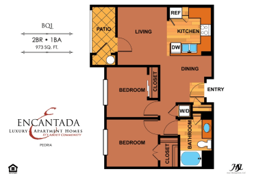 Encantada Peoria floor plan of B1Q unit with 2 bedrooms and a single bathroom and a living room