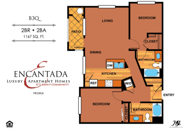 Encantada B3Q floor plan of an apartment with 2 bedrooms and 2 bathrooms