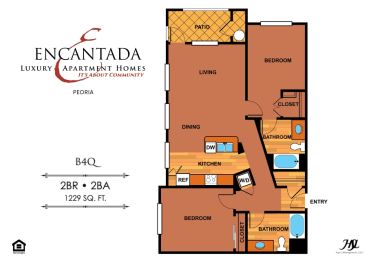 Encantada Peoria floor plan for B4Q unit with 2 bedrooms and 2 bathrooms