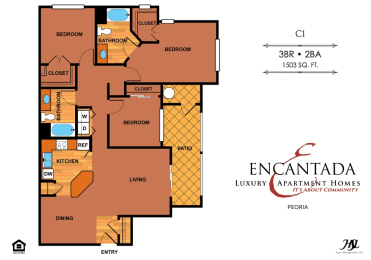 Encantada Peoria C1 floor plan of a 2 bedroom 2 bathroom unit