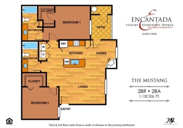 Mustang floor plan with a bedroom, bathroom and living room at the Encantada Queen Creek apartments picture of a floor plan of a house