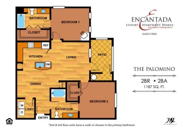 The Palomino floor plan at the Encantada Queen Creek apartments with 2 bedrooms and 1 bathroom