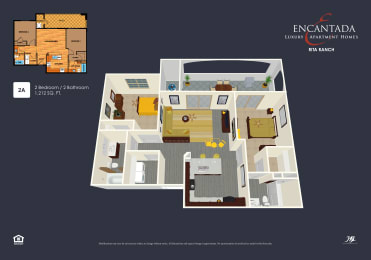 Encantada Rita Ranch 2A Bed floor plan 3D rendering, with  2D image on top left hand corner.