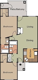 La Reserve 2A Floor Plan with the Bedrooms and bathrooms on the left side, dining, living and kitchen area on the right with the patio/balcony on the top.
