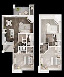Two images of a dollhouse interior with furniture and decorations.