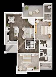 A top-down view of a house layout with a kitchen, living room, dining area, and bathroom.