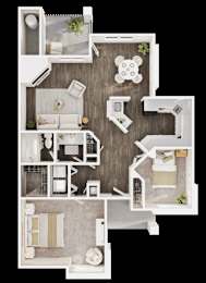 A top-down view of a house layout with a living room, kitchen, and two bedrooms.