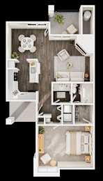 A floor plan of a small apartment with a kitchen, living room, and bathroom.