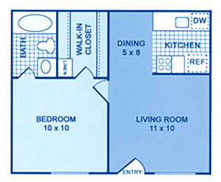 A floorplan showing one bedroom and one bath.