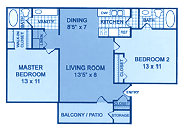 A floorplan showing two bedrooms and two bathrooms.