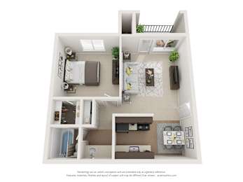 A top-down view of a small apartment with a kitchen, living room, and bedroom.