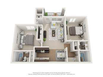A 3D floor plan of a house with labeled rooms.