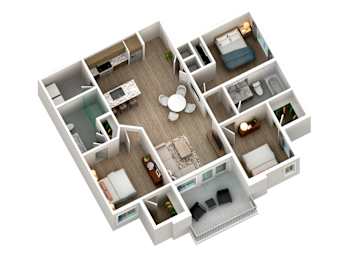 A 3D floor plan of a house with a kitchen, living room, and bedrooms.