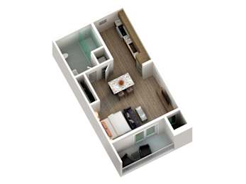 A top down view of a small apartment with a living room, kitchen, and bathroom.