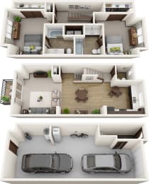 3d rendering of the top view of the house with cars