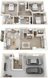 three dimensional floor plan of a house with a car in the garage