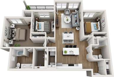 A 3D floor plan of a two-bedroom apartment with a living room, kitchen, and bathroom.