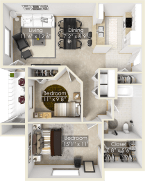 a floor plan of a two bedroom apartment with a bathroom and a balcony