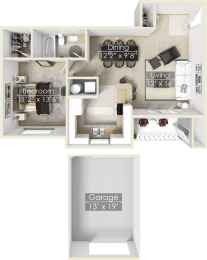 a floor plan for a garage apartment with a bedroom and a bathroom