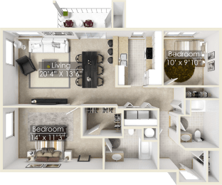 a floor plan of a two bedroom apartment with two bathrooms and a balcony