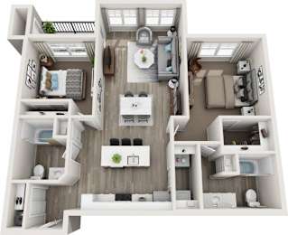 A 3D floor plan of a small apartment with a kitchen, living room, and bedroom.