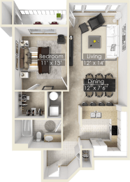 a floor plan of a one bedroom apartment with a bathroom and a living room