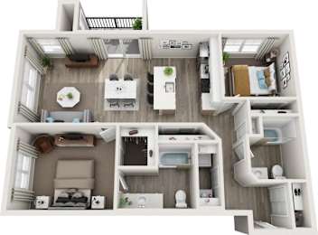 A 3D floor plan of a small apartment with two bedrooms, a living room, and a kitchen.