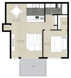 A floor plan of a home with a dining room, living room, kitchen, bathroom, and two bedrooms.