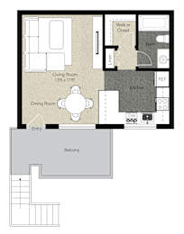 A floor plan of an apartment with a living room, dining room, kitchen, bathroom, and balcony.