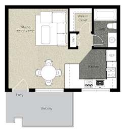 A floor plan of a home with a studio, kitchen, and balcony.