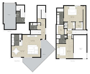 A floor plan of a house with three bedrooms, a living room, and a garage.